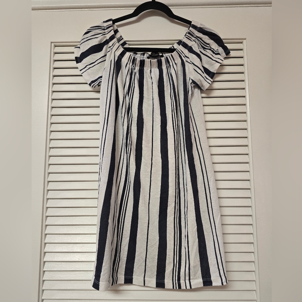 Forever 21 - Navy & White Stripe Off-Shoulder Short-Sleeve Dress
